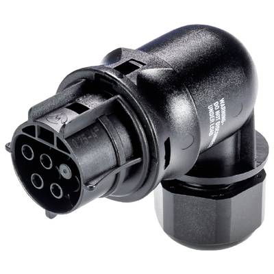 'Black 7-pin trailer plug made of plastic, side view. Suitable for electrical connections in vehicles and trailers.'