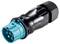 Blue and black electrical plug with multiple pins. The plug has a robust plastic casing and is used for professional electrical connections.