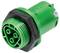 Green plug with three round contacts and an outer black ring, suitable for electrical connections.