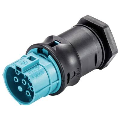 A blue and black electrical connector in a cylindrical form with multiple pins, suitable for industrial applications.