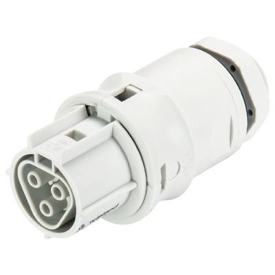 White electric plug with three round contacts, suitable for industrial applications.