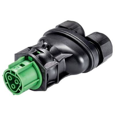 Black connector with green terminal, suitable for electronic applications.