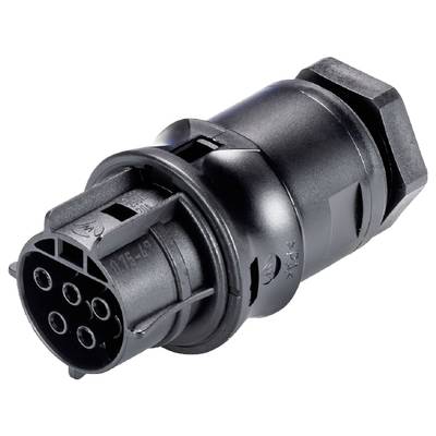Black, cylindrical 7-pin vehicle plug made of plastic, primarily used in vehicle trailer technology.