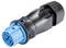 A blue and black electrical connector, predominantly cylindrical, with multiple contact pins and a screw-locking mechanism.