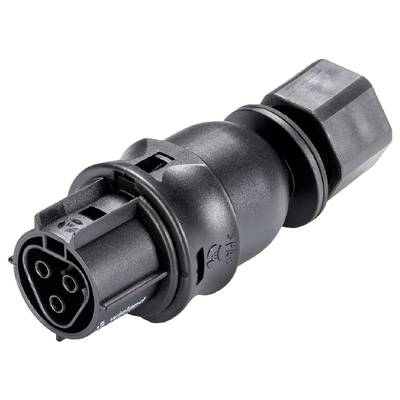 A black electric three-pin plug, commonly used for charging connections on electric vehicles.