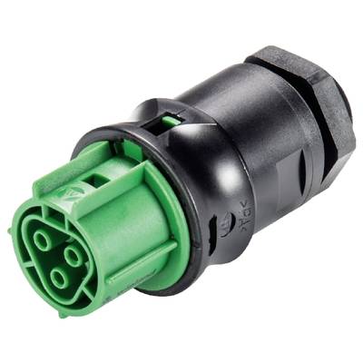 Green and black circular connector with multiple connections, used for cable connections in technical applications.