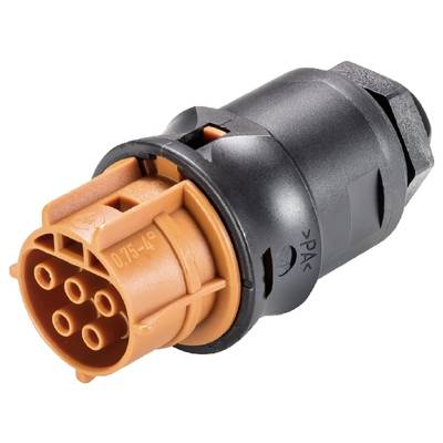 'A round, multi-pole connector. Orange contact-curved inlet, black housing. Frequently used in electronic applications.'