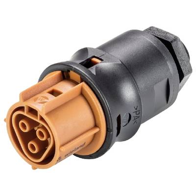 An orange and black electrical connector with multiple pins, typically used for industrial applications.