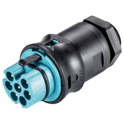 A black and turquoise connector with multiple round openings for electrical connections.