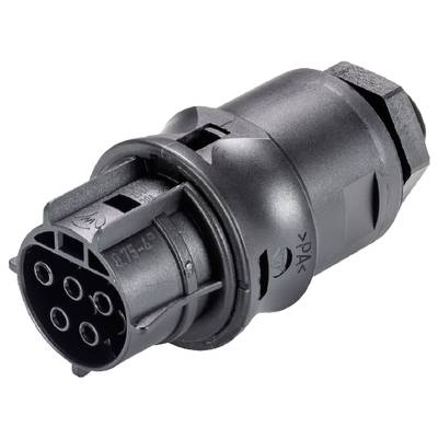 Black multi-socket adaptor, cylindrical in shape, with multiple round sockets at one end, used for electrical connection.