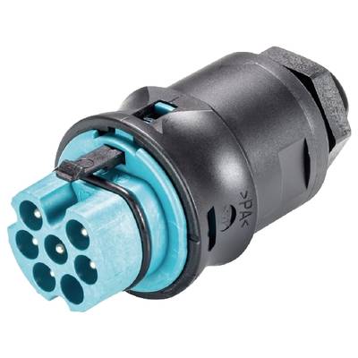 An electrical plug with various round connectors and a black plastic casing. It is used for connecting electrical devices.