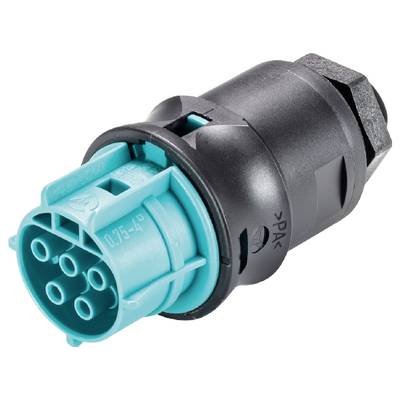 A black and turquoise plastic plug with multiple round holes, suitable for electrical connections.