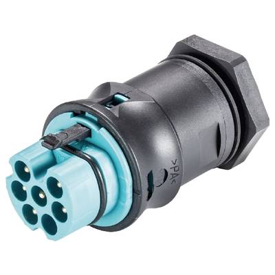 A black and blue electrical connector with multiple pins, side view.