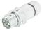 Five-pin round electrical plug in a light colour, side view.