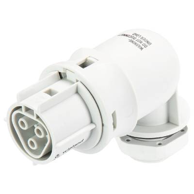 A white electrical plug connector, shown in a close-up view. It has multiple pin contacts and a curved shape.