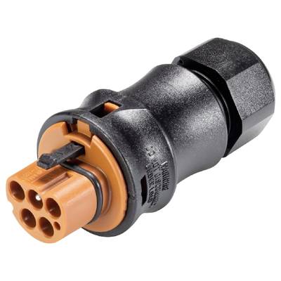 A black and orange plug with multiple connections, for use in electrical or electronic devices.