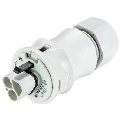 A white, cylindrical plug with multiple contacts and a locking mechanism.