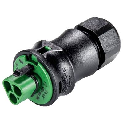Black and green plastic plug, cylindrical shape, technical markings around the middle.