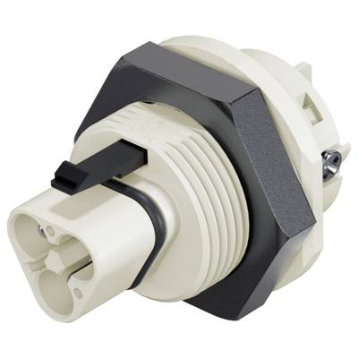 Connector with a black protective ring and two socket positions, mounted laterally. White, cylindrical housing.