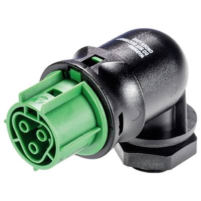 Black and green electrical plug, circular design, with four pins, suitable for cable connections in industrial applications.