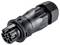 Black round multi-pin connector with seven contacts, suitable for industrial applications. Robust and in a cylindrical form.