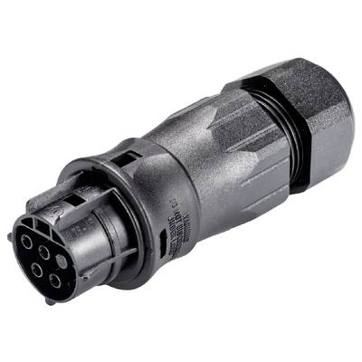 Black connector with six-pole connection surface, suitable for electrical connections. Robust construction and non-slip surface.