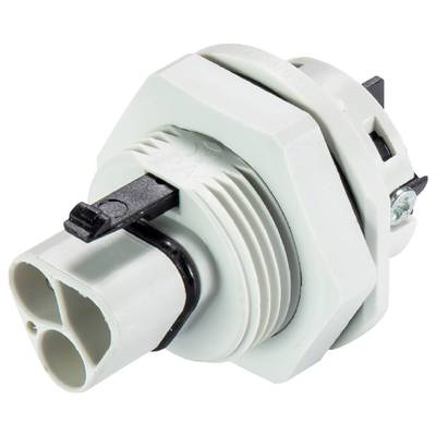 A white plastic push button with a black lever and mounting thread. Suitable for electrical control applications.