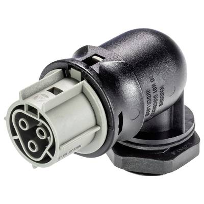 A black and grey electrical plug connector with round connection points, used for connecting cables.