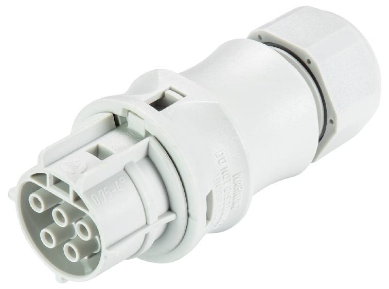 A white cylindrical electrical plug with multiple pins, used for industrial electrical connections.