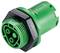 Green electrical connector with three contacts and black hexagonal flange. Suitable for industrial applications.