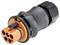 A black, cylindrical plug with an orange head and multiple connection openings. 'WARNING' is written on the side.