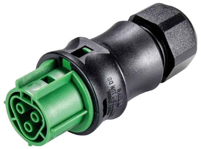 A black and green electrical plug with four pins, suitable for cable connections in technical applications.