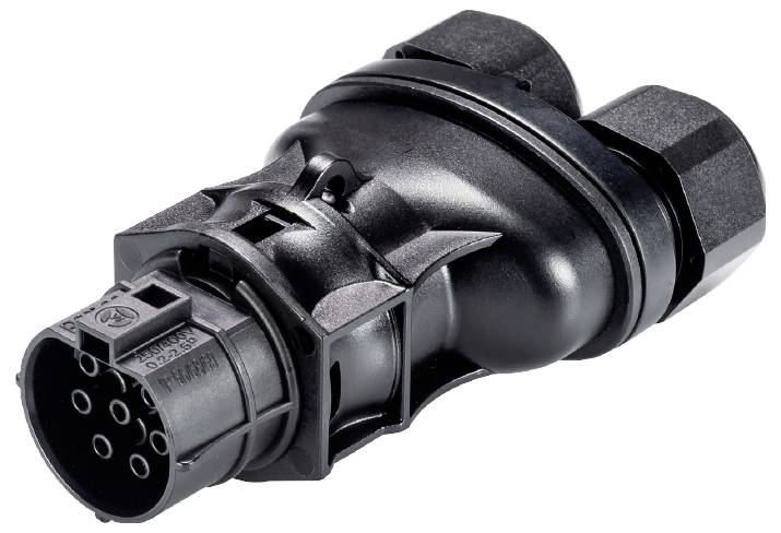 Black, round electrical plug with multiple pins, suitable for industrial or technical applications.
