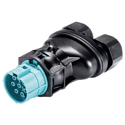A black connector with a turquoise connection point featuring multiple contacts, potentially for electrical applications.