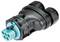 Black plastic plug with two connectors and a turquoise-coloured connector head on a white background.