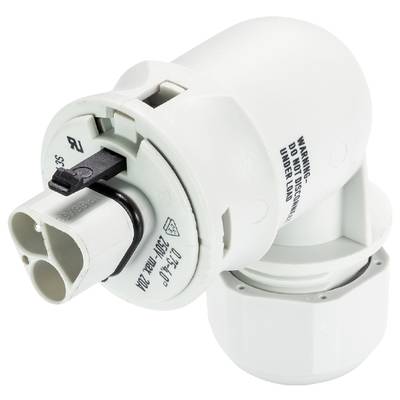 A white electric multi-socket connector with warning labels on the side, designed for safe electrical connections.