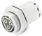 A white, cylindrical connector with multiple metal contacts and a threaded screw for electrical connections.