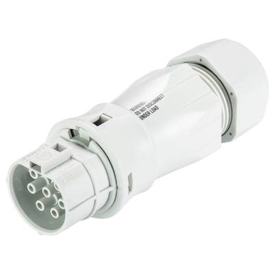 A white, multi-pole electrical plug with six contacts. It is screw-shaped and suitable for industrial applications.