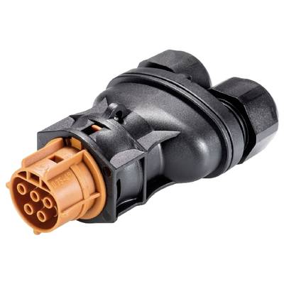 A black, cylindrical connector plug with an orange end and multiple metal contacts, suitable for electrical connections.