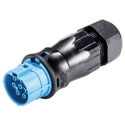 'This connector is black and blue, cylindrical in shape, suitable for connecting electrical cables, commonly used in industry.'