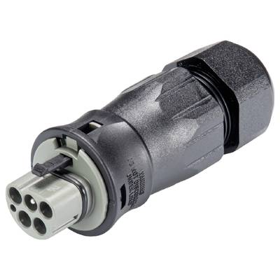 A black, cylindrical electrical connector with multiple socket positions for connecting cables in electronic devices.