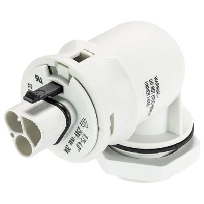 A white plastic sensor with electrical connections and a warning notice; presumably part of a technical device.