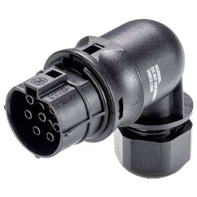 Black 7-pin electrical trailer plug with an angled design. Visible warning notices and connections on the left side.