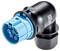 A blue, right-angled connector with multiple contact pins, mounted in a black housing for industrial applications.