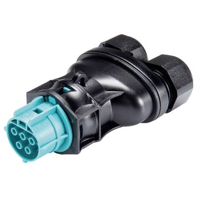 A black and turquoise electric plug adapter with multiple socket outlets, likely for industrial applications.