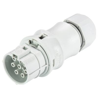 A white multi-pole plug with ribbing and multiple connection sockets, suitable for industrial electrical installations.
