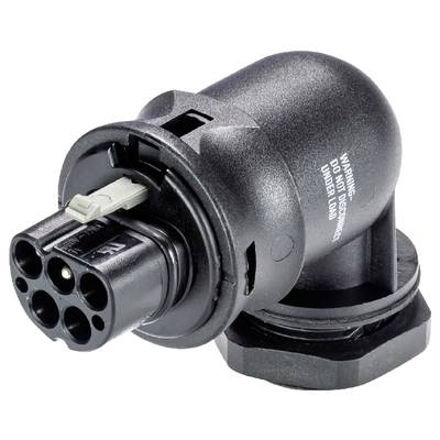 A black, angled electrical plug with multiple sockets and a warning label on the side.