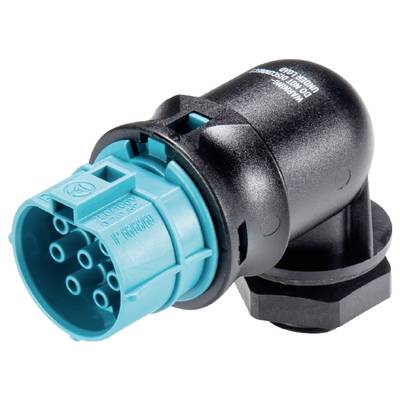 'An electrical plug with a black casing and blue socket, showing multiple contact pins. Primarily for industrial applications.'