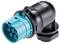 'An electrical plug with a black casing and blue socket, showing multiple contact pins. Primarily for industrial applications.'