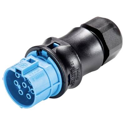 Electric plug, blue and black in colour, cylindrical in shape, with multiple connection points, for linking electrical cables.